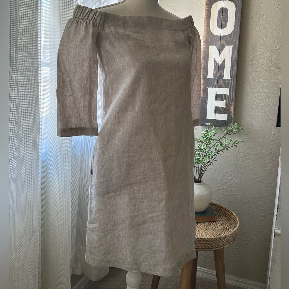 Chic Linen Off-Shoulder Beige Dress